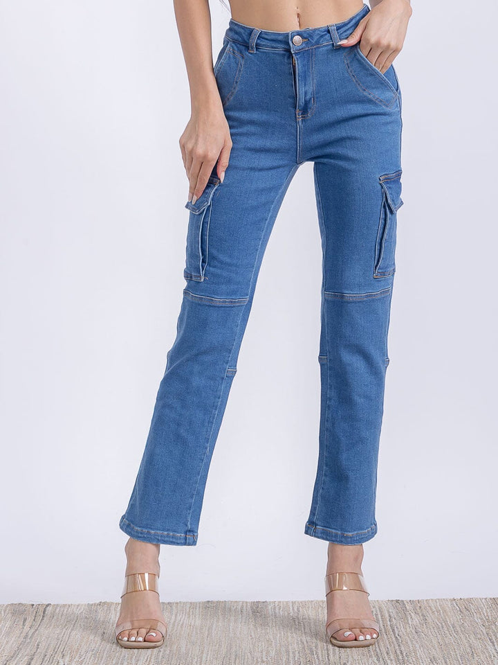 WOMEN'S BUTTON CLOSURE CARGO POCKETS HIGH STRETCH DENIM PANTS