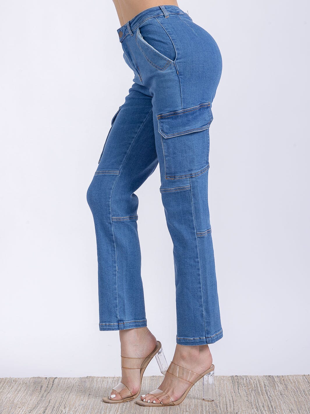 WOMEN'S BUTTON CLOSURE CARGO POCKETS HIGH STRETCH DENIM PANTS