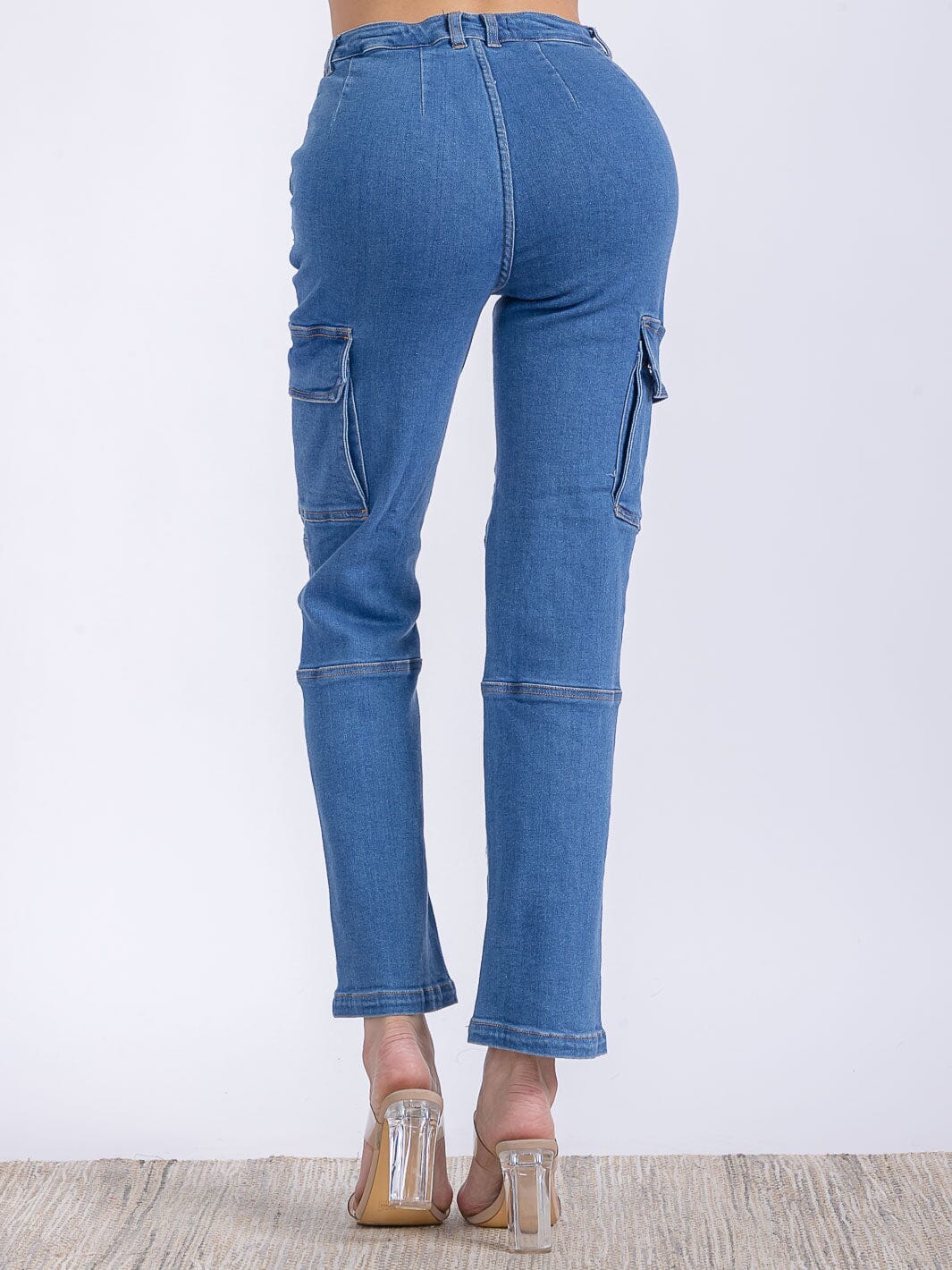 WOMEN'S BUTTON CLOSURE CARGO POCKETS HIGH STRETCH DENIM PANTS