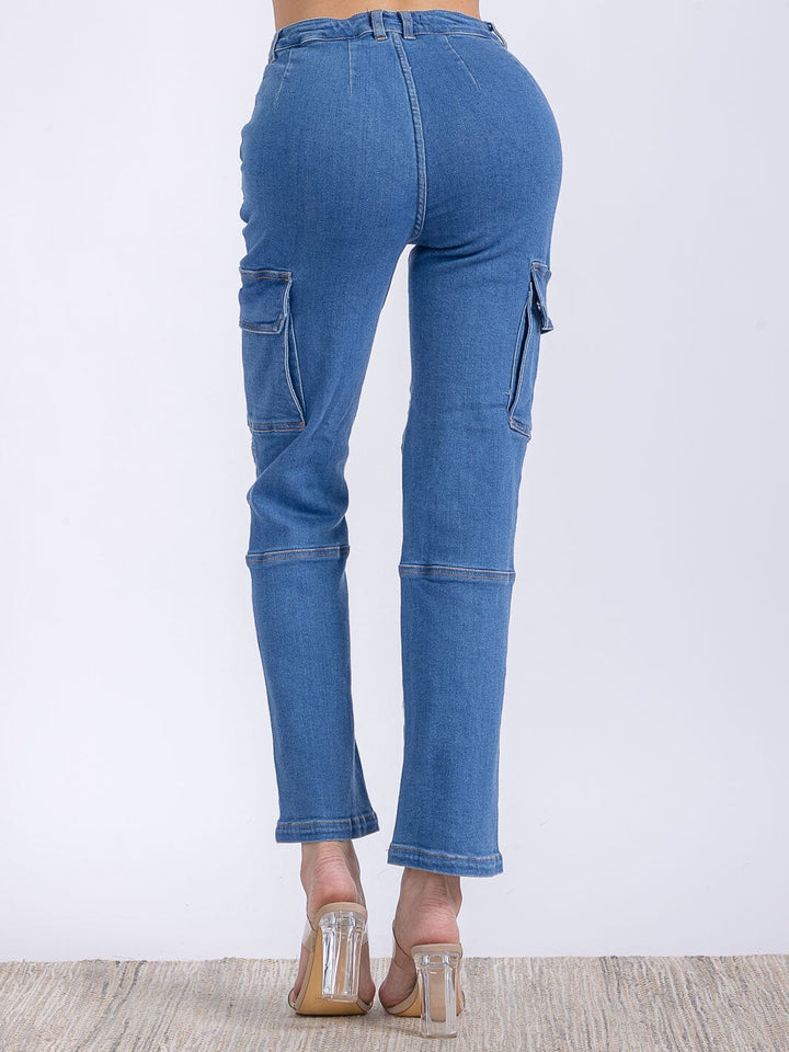 WOMEN'S BUTTON CLOSURE CARGO POCKETS HIGH STRETCH DENIM PANTS