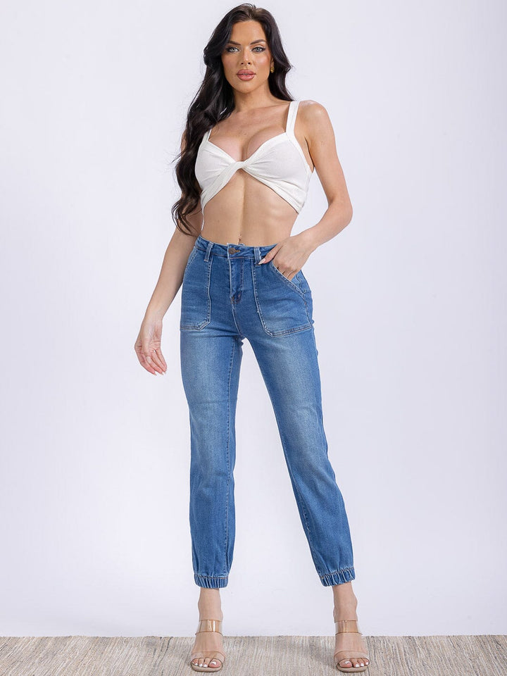 WOMEN'S BUTTON CLOSURE POCKETS HIGH STRETCH JOGGER DENIM PANTS