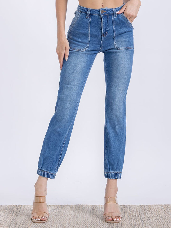 WOMEN'S BUTTON CLOSURE POCKETS HIGH STRETCH JOGGER DENIM PANTS