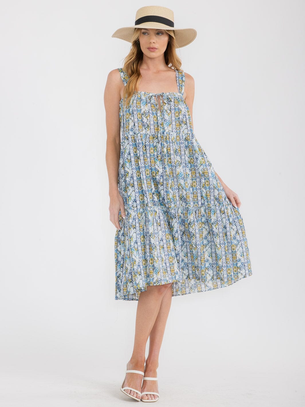 WOMEN'S SLEEVELESS SQUARE NECK TIERED MULTI PRINT TUNIC MIDI DRESS