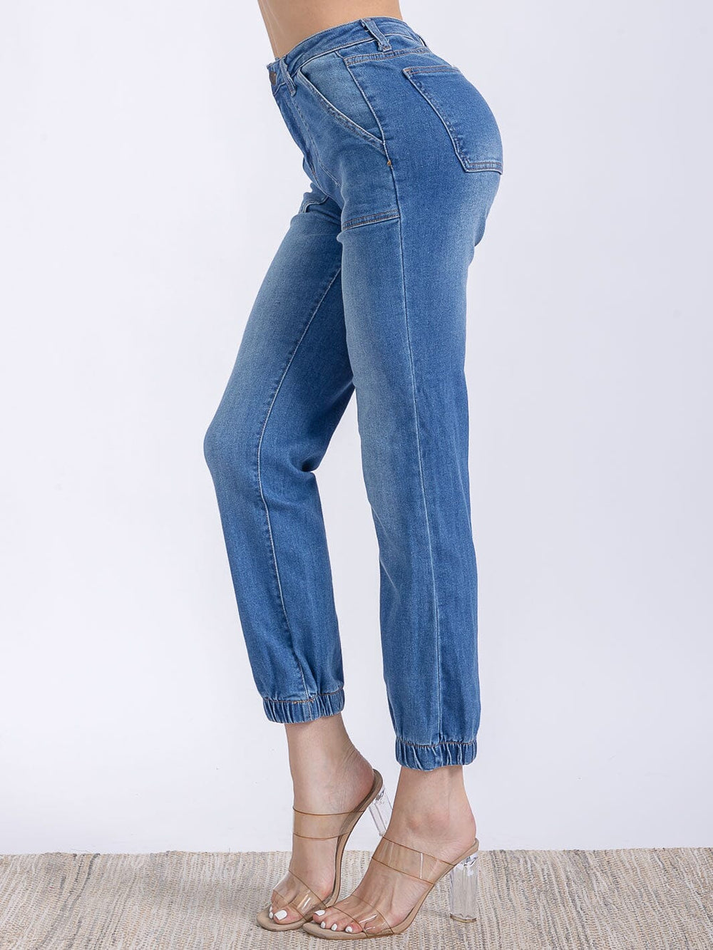 WOMEN'S BUTTON CLOSURE POCKETS HIGH STRETCH JOGGER DENIM PANTS