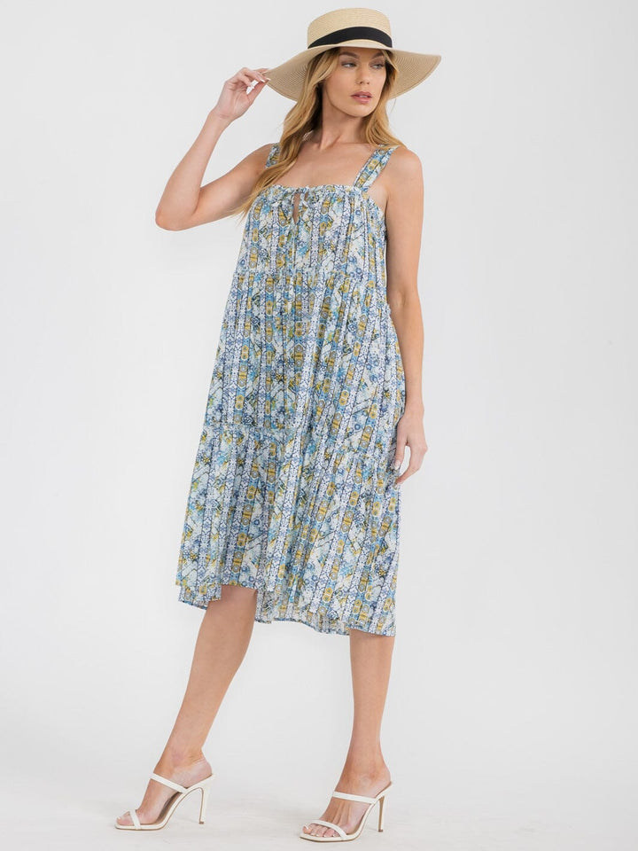 WOMEN'S SLEEVELESS SQUARE NECK TIERED MULTI PRINT TUNIC MIDI DRESS