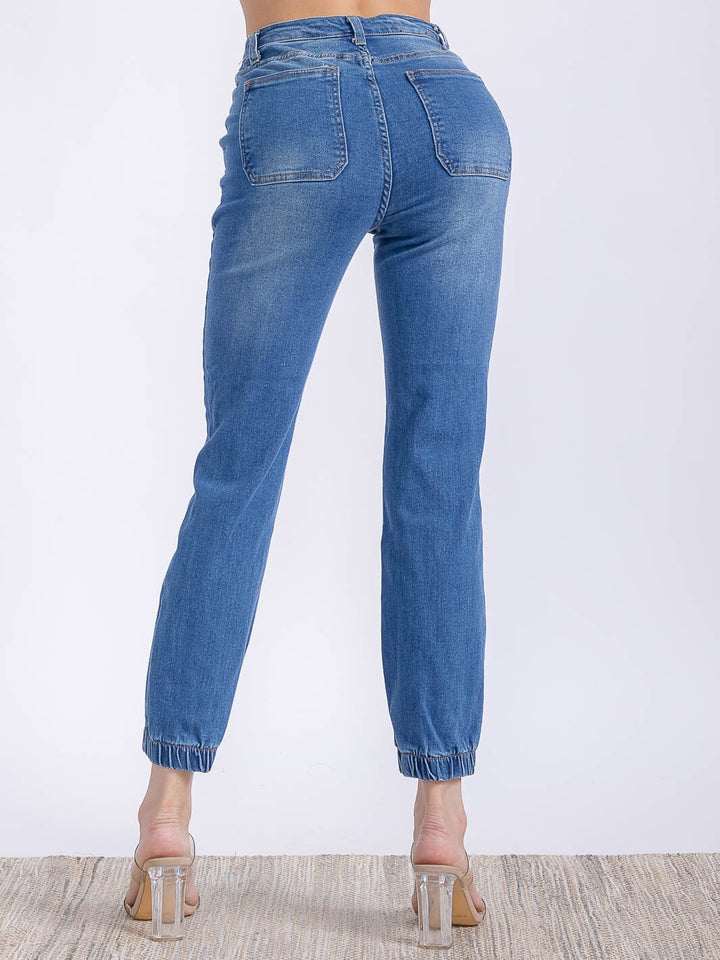 WOMEN'S BUTTON CLOSURE POCKETS HIGH STRETCH JOGGER DENIM PANTS