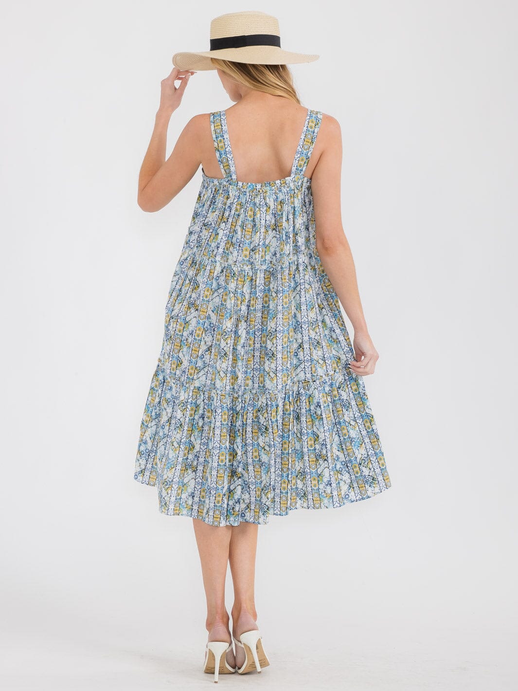 WOMEN'S SLEEVELESS SQUARE NECK TIERED MULTI PRINT TUNIC MIDI DRESS