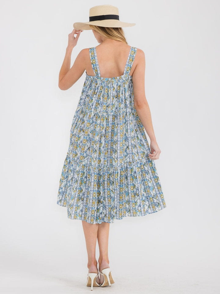 WOMEN'S SLEEVELESS SQUARE NECK TIERED MULTI PRINT TUNIC MIDI DRESS