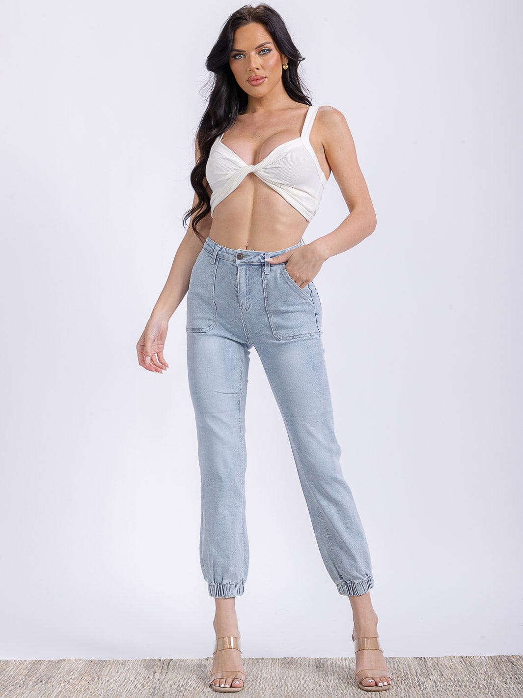 WOMEN'S BUTTON CLOSURE POCKETS HIGH STRETCH JOGGER DENIM PANTS