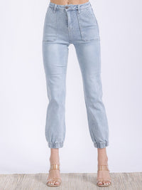WOMEN'S BUTTON CLOSURE POCKETS HIGH STRETCH JOGGER DENIM PANTS