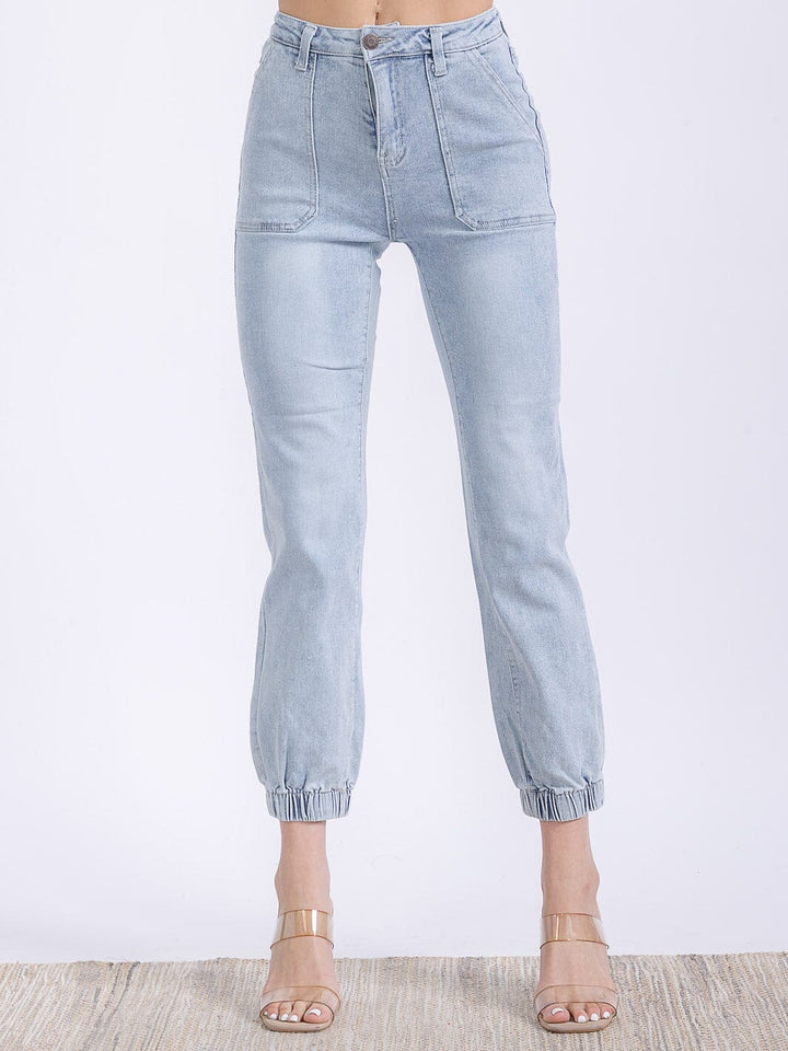 WOMEN'S BUTTON CLOSURE POCKETS HIGH STRETCH JOGGER DENIM PANTS