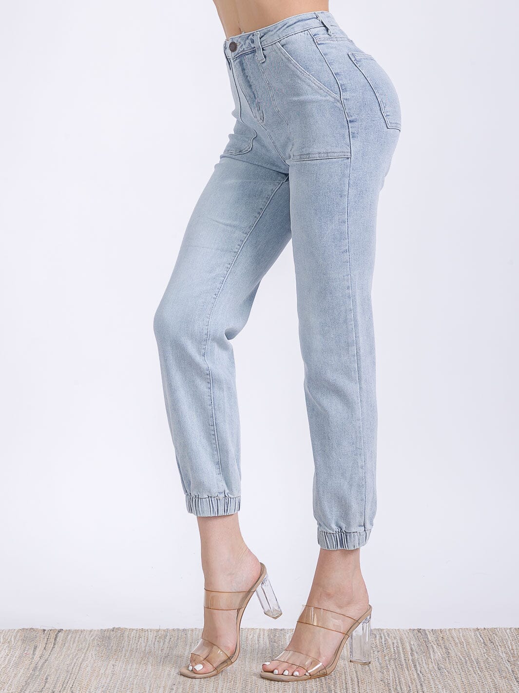 WOMEN'S BUTTON CLOSURE POCKETS HIGH STRETCH JOGGER DENIM PANTS