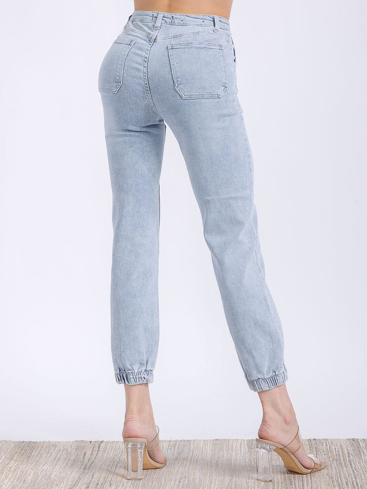 WOMEN'S BUTTON CLOSURE POCKETS HIGH STRETCH JOGGER DENIM PANTS