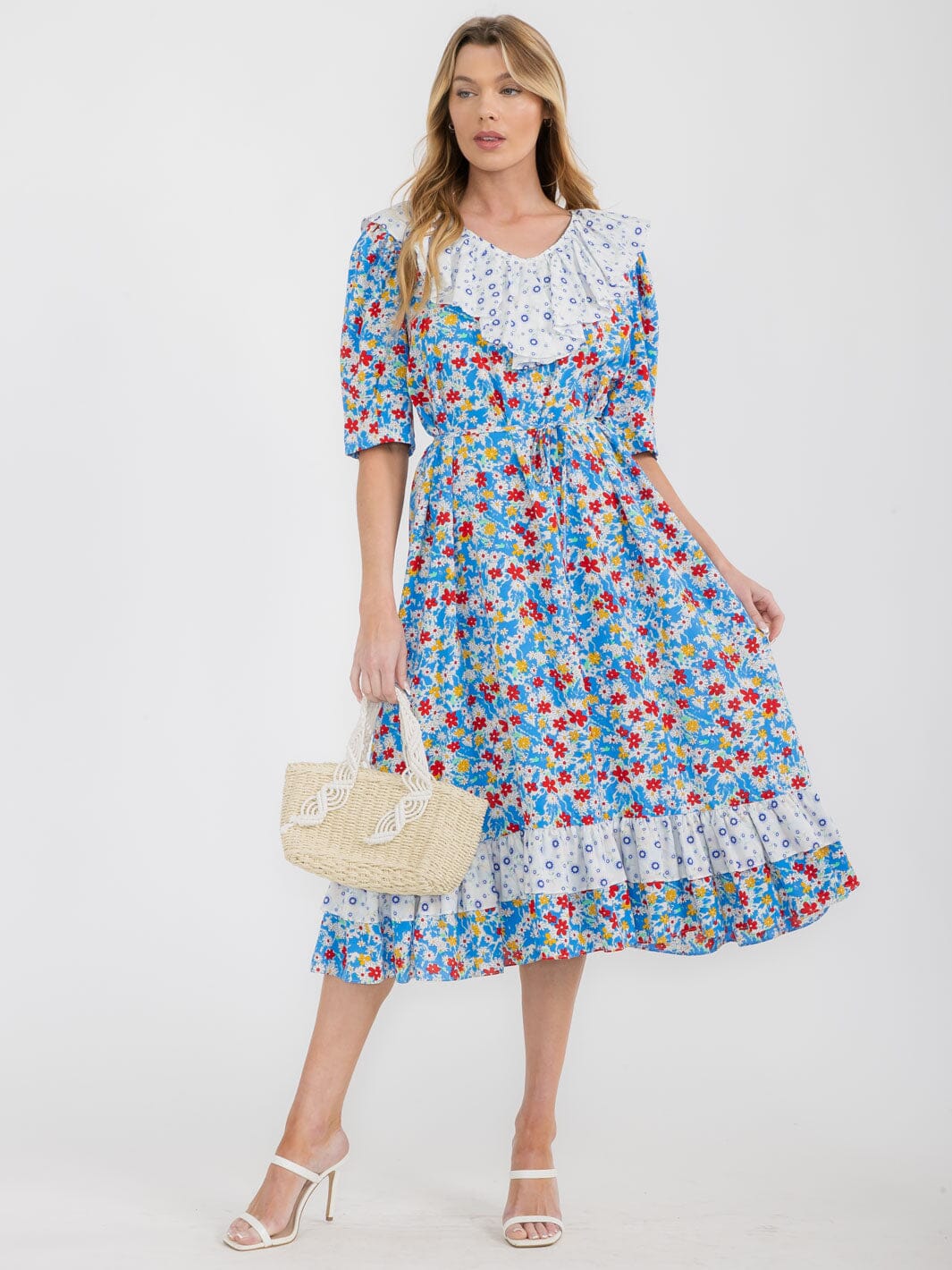 WOMEN'S SHORT SLEEVE RUFFLE COLORBLOCK FLORAL MIDI DRESS