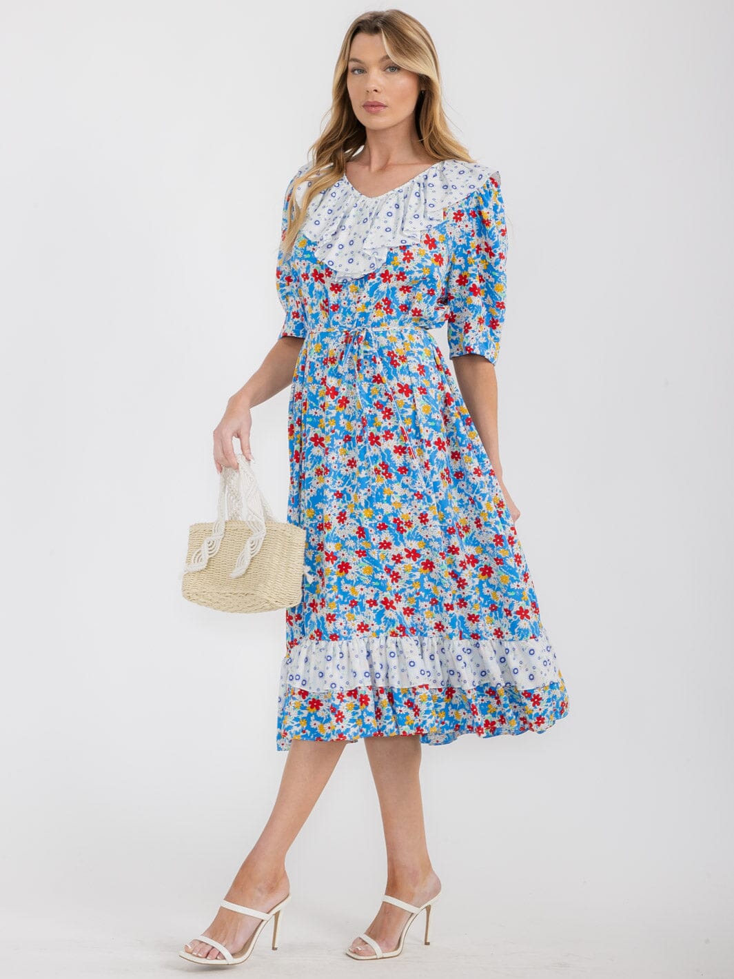 WOMEN'S SHORT SLEEVE RUFFLE COLORBLOCK FLORAL MIDI DRESS