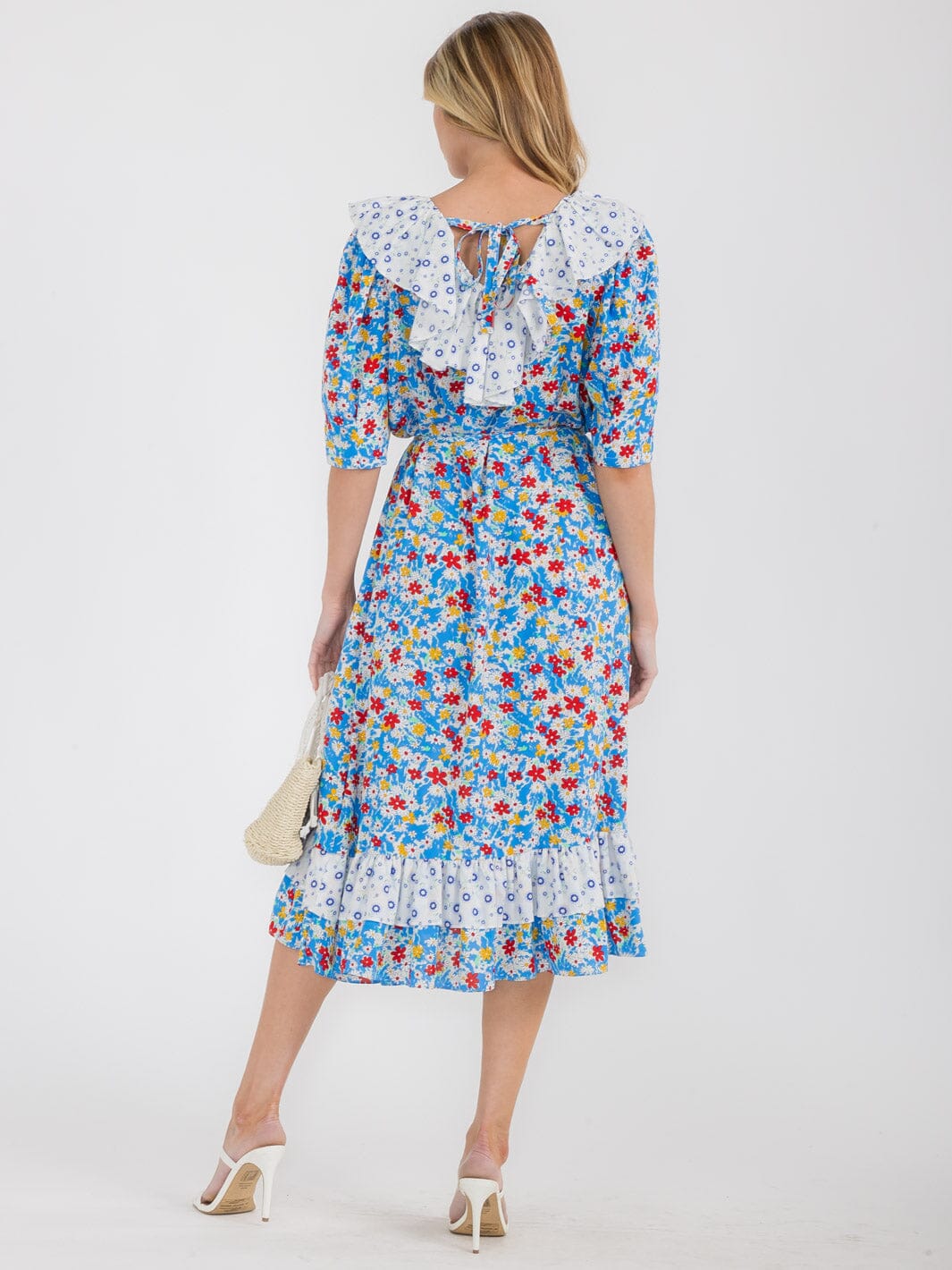 WOMEN'S SHORT SLEEVE RUFFLE COLORBLOCK FLORAL MIDI DRESS