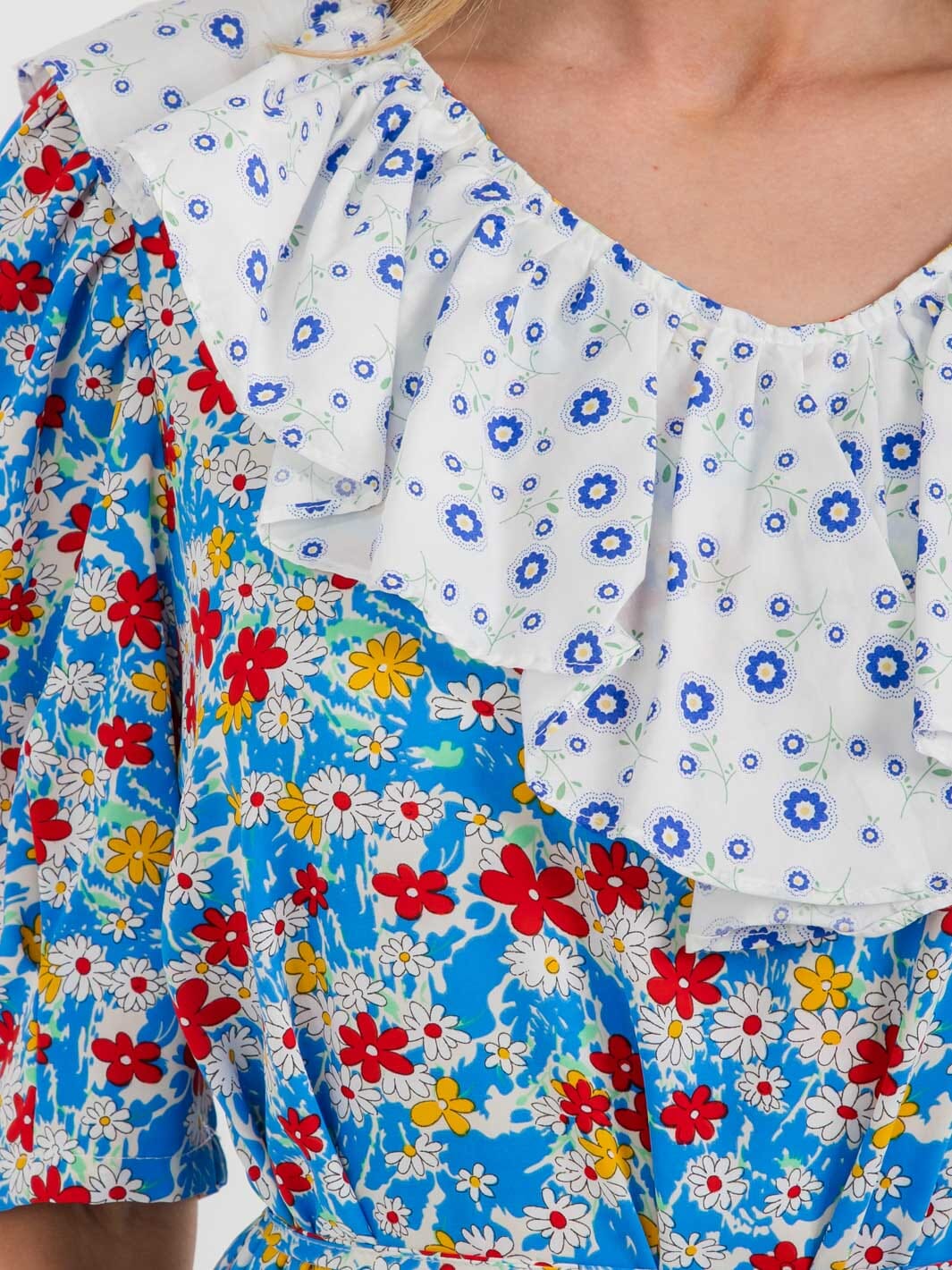 WOMEN'S SHORT SLEEVE RUFFLE COLORBLOCK FLORAL MIDI DRESS