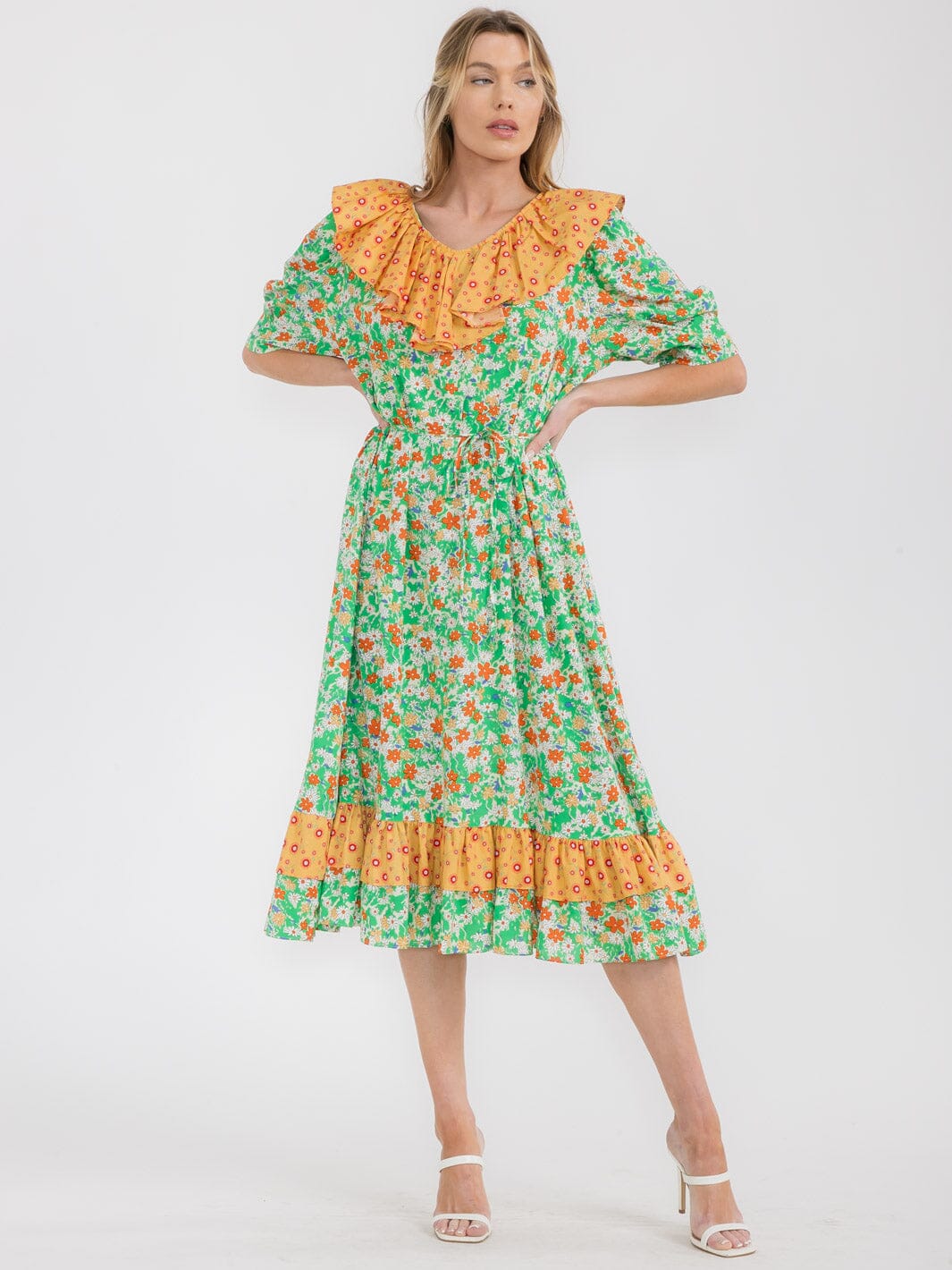 WOMEN'S SHORT SLEEVE RUFFLE COLORBLOCK FLORAL MIDI DRESS