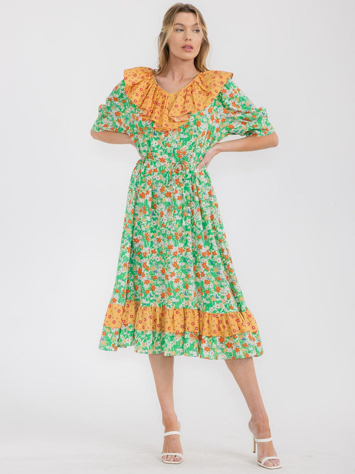 WOMEN'S SHORT SLEEVE RUFFLE COLORBLOCK FLORAL MIDI DRESS