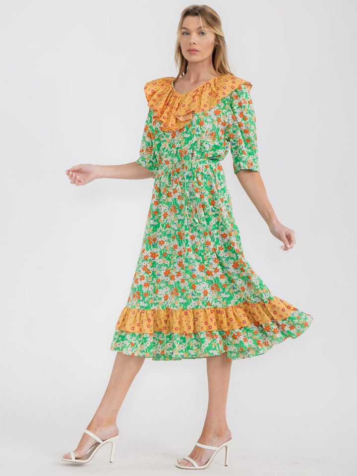 WOMEN'S SHORT SLEEVE RUFFLE COLORBLOCK FLORAL MIDI DRESS