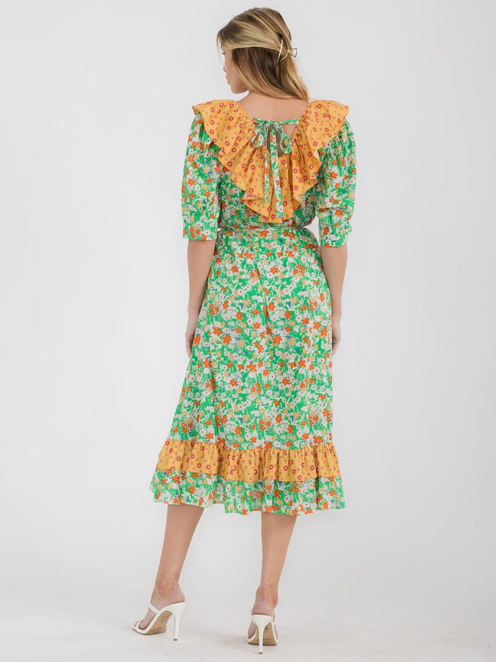 WOMEN'S SHORT SLEEVE RUFFLE COLORBLOCK FLORAL MIDI DRESS