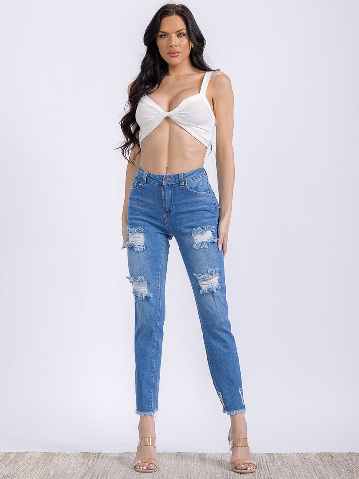 WOMEN'S BUTTON CLOSURE CARGO POCKETS DISTRESS HIGH STRETCH DENIM PANTS