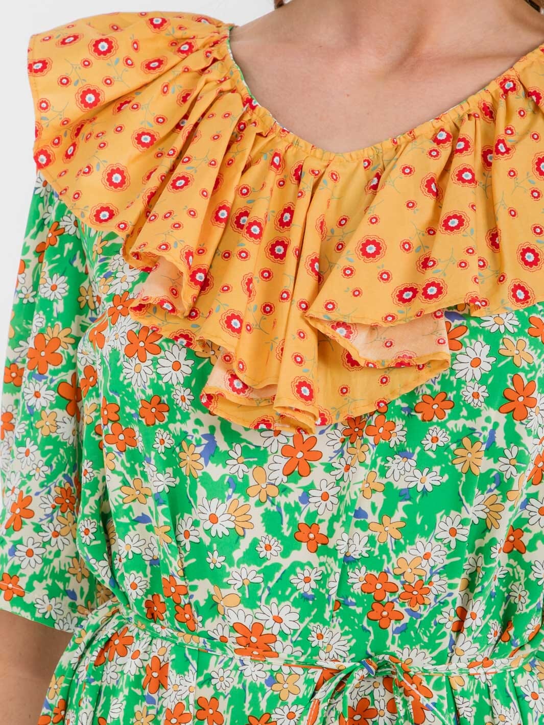 WOMEN'S SHORT SLEEVE RUFFLE COLORBLOCK FLORAL MIDI DRESS