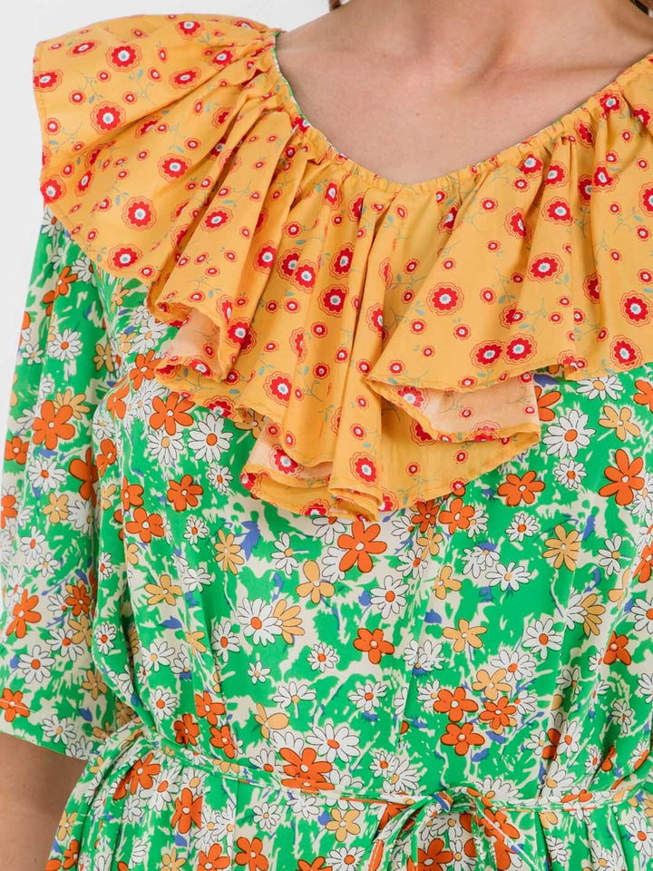 WOMEN'S SHORT SLEEVE RUFFLE COLORBLOCK FLORAL MIDI DRESS