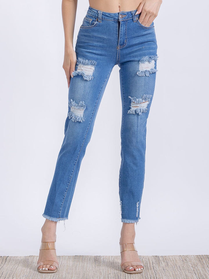 WOMEN'S BUTTON CLOSURE CARGO POCKETS DISTRESS HIGH STRETCH DENIM PANTS