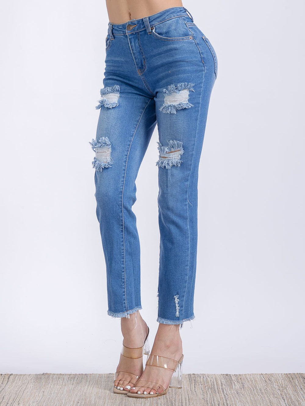 WOMEN'S BUTTON CLOSURE CARGO POCKETS DISTRESS HIGH STRETCH DENIM PANTS