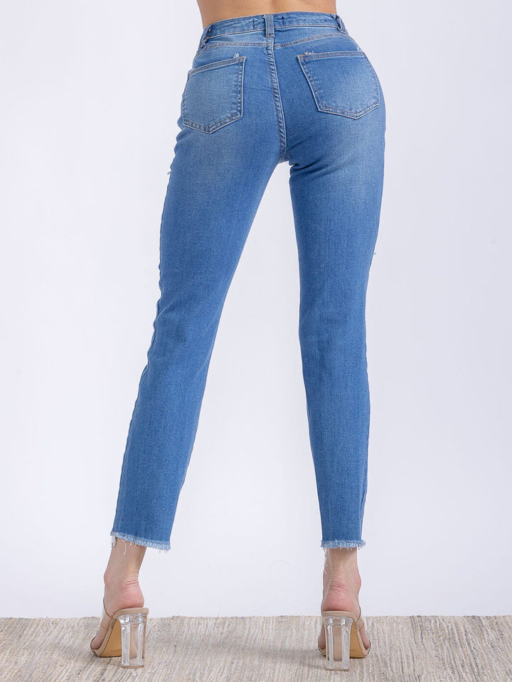WOMEN'S BUTTON CLOSURE CARGO POCKETS DISTRESS HIGH STRETCH DENIM PANTS