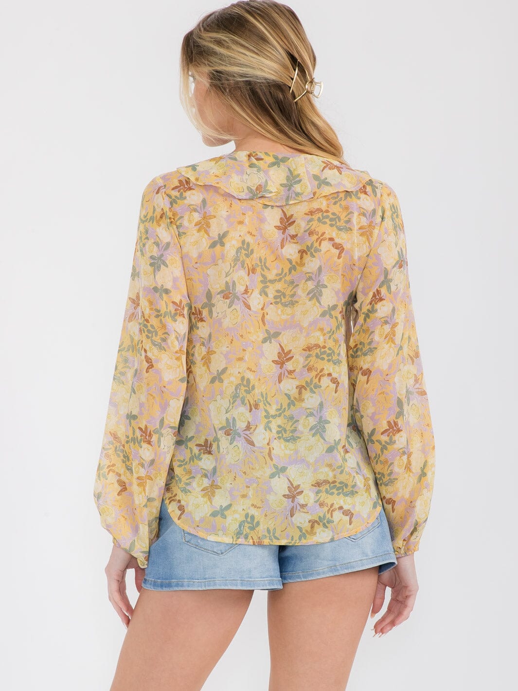 WOMEN'S LONG SLEEVE BUTTON UP RUFFLE FLORAL BLOUSE