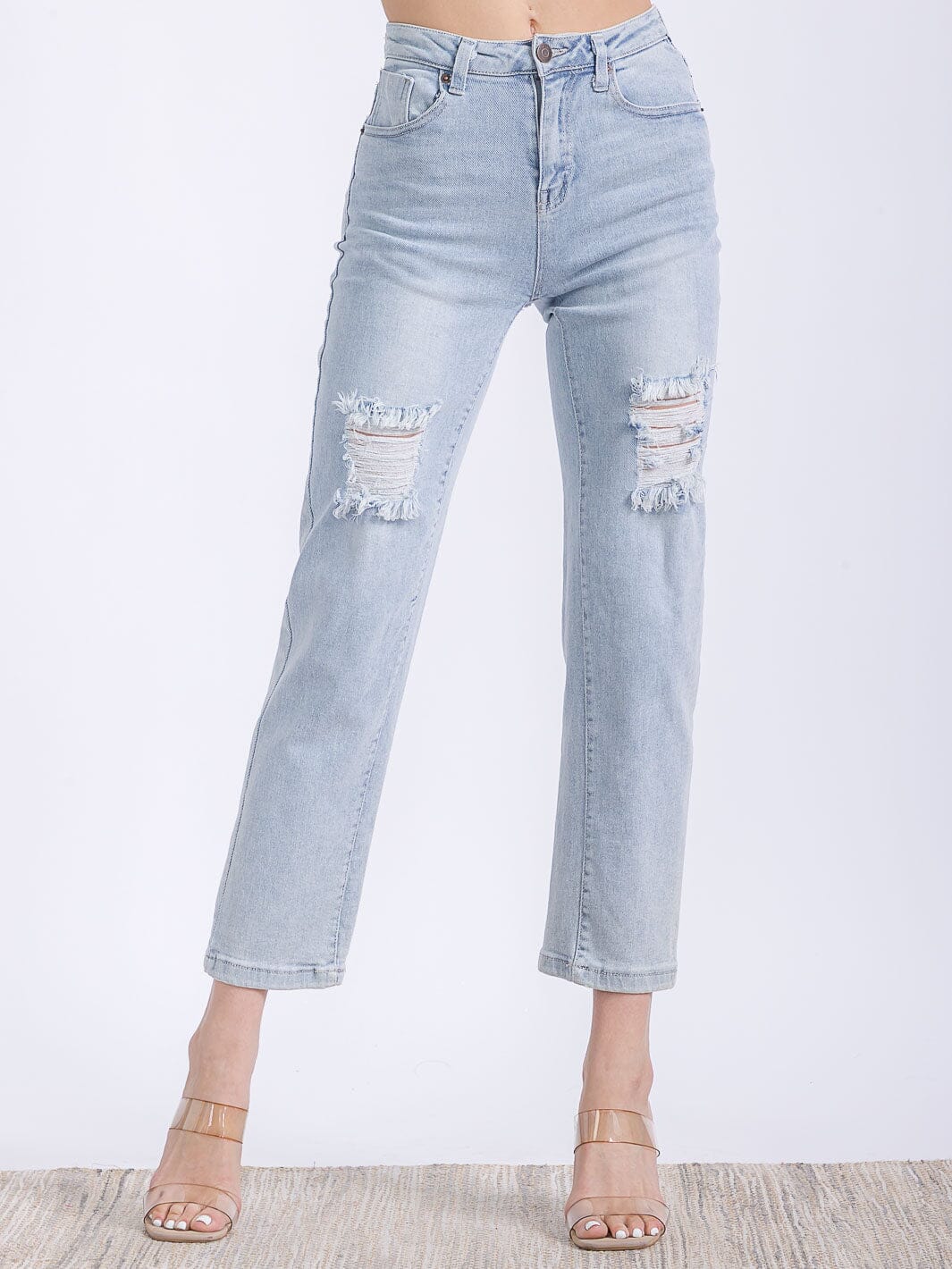 WOMEN'S BUTTON CLOSURE POCKETS DISTRESS HIGH STRETCH DENIM PANTS