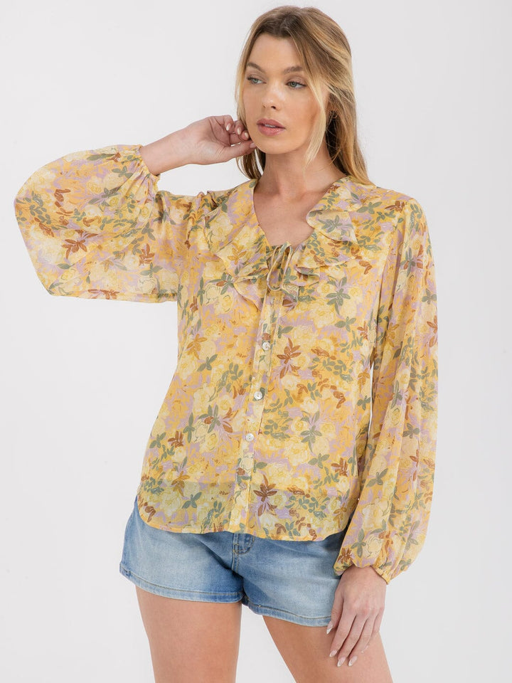 WOMEN'S LONG SLEEVE BUTTON UP RUFFLE FLORAL BLOUSE