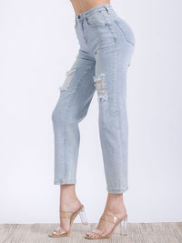 WOMEN'S BUTTON CLOSURE POCKETS DISTRESS HIGH STRETCH DENIM PANTS