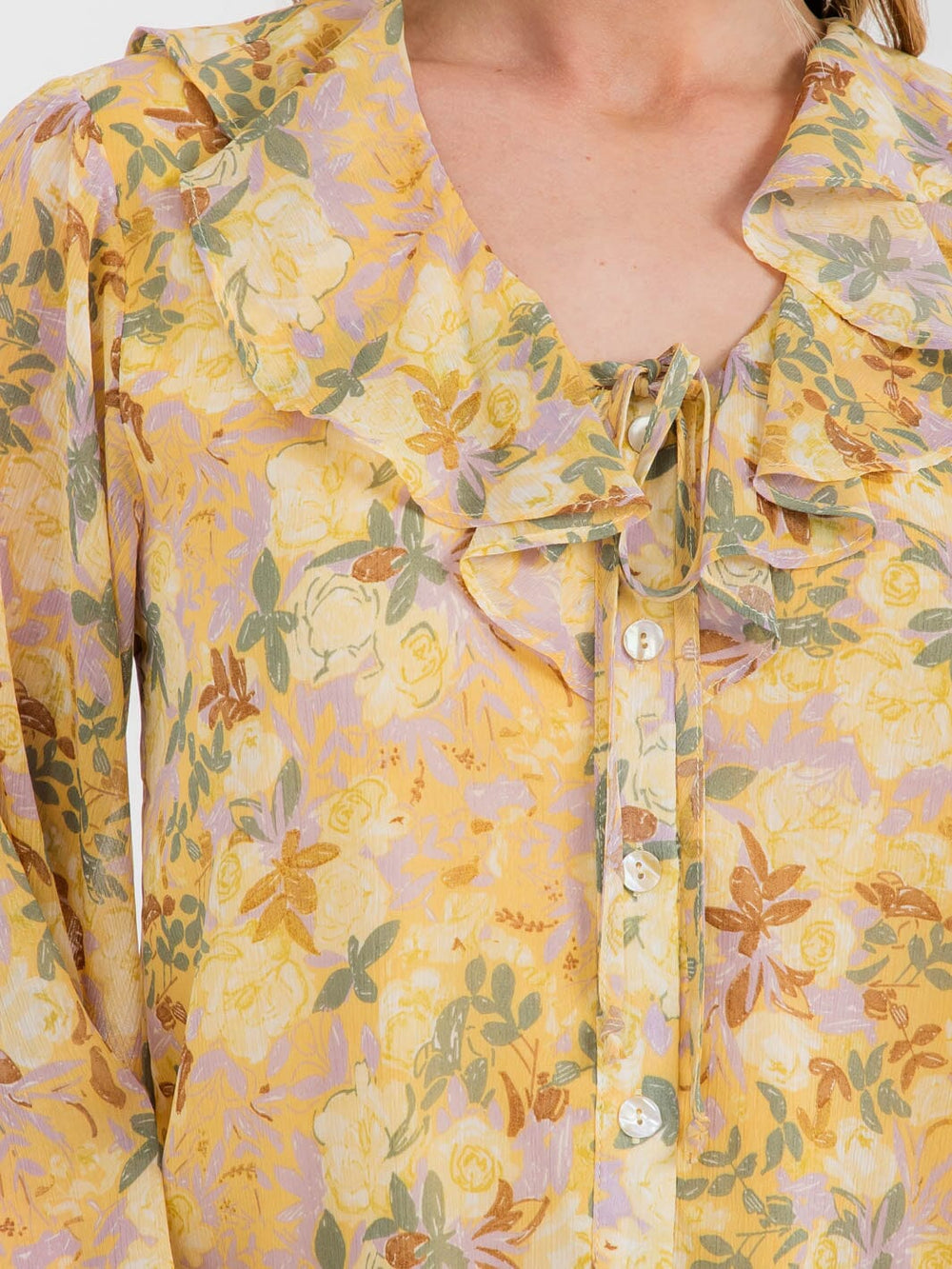 WOMEN'S LONG SLEEVE BUTTON UP RUFFLE FLORAL BLOUSE