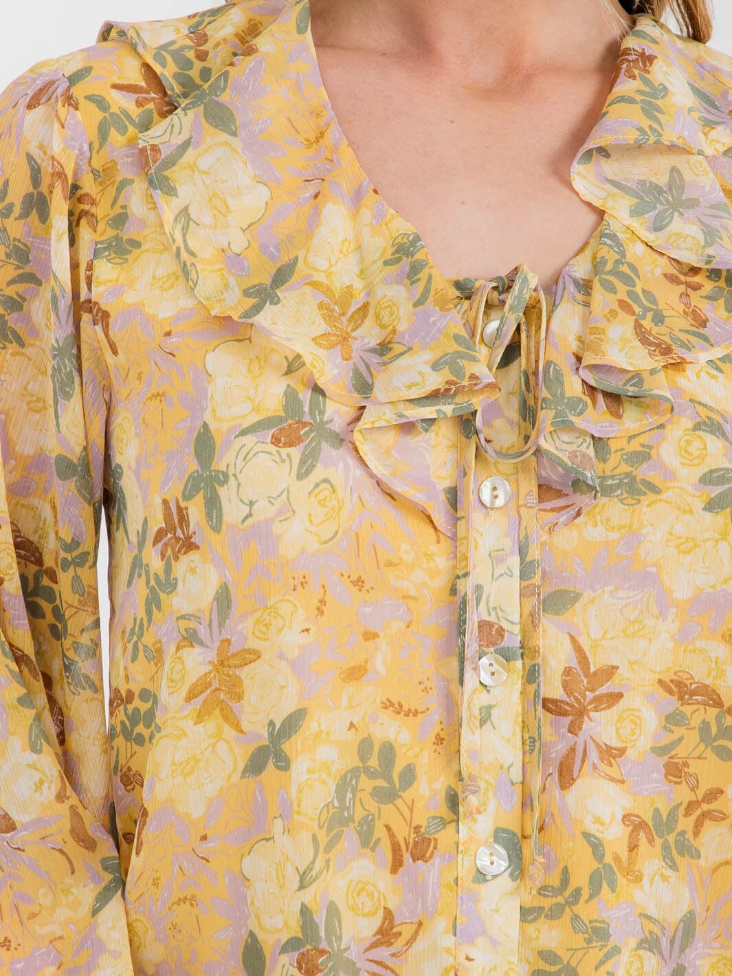 WOMEN'S LONG SLEEVE BUTTON UP RUFFLE FLORAL BLOUSE