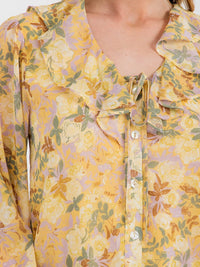 WOMEN'S LONG SLEEVE BUTTON UP RUFFLE FLORAL BLOUSE
