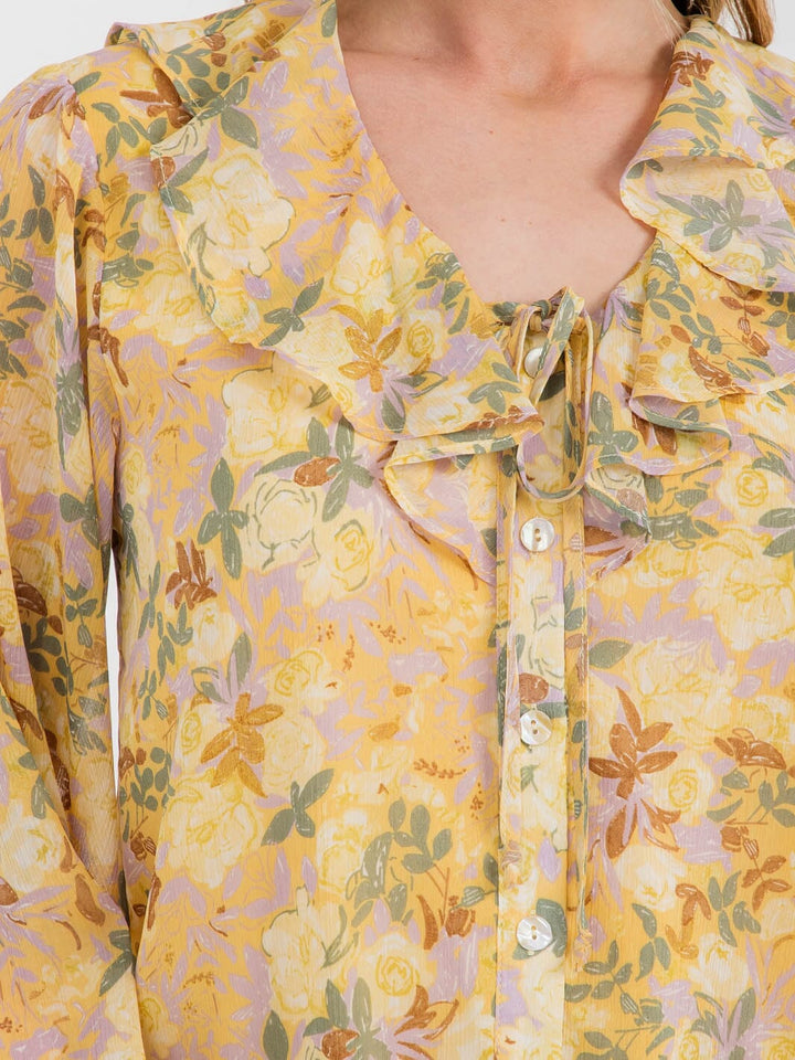 WOMEN'S LONG SLEEVE BUTTON UP RUFFLE FLORAL BLOUSE
