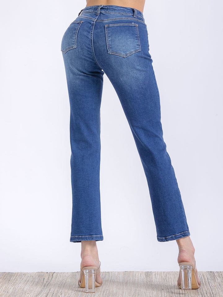 WOMEN'S BUTTON CLOSURE POCKETS WASHED HIGH STRETCH DENIM PANTS