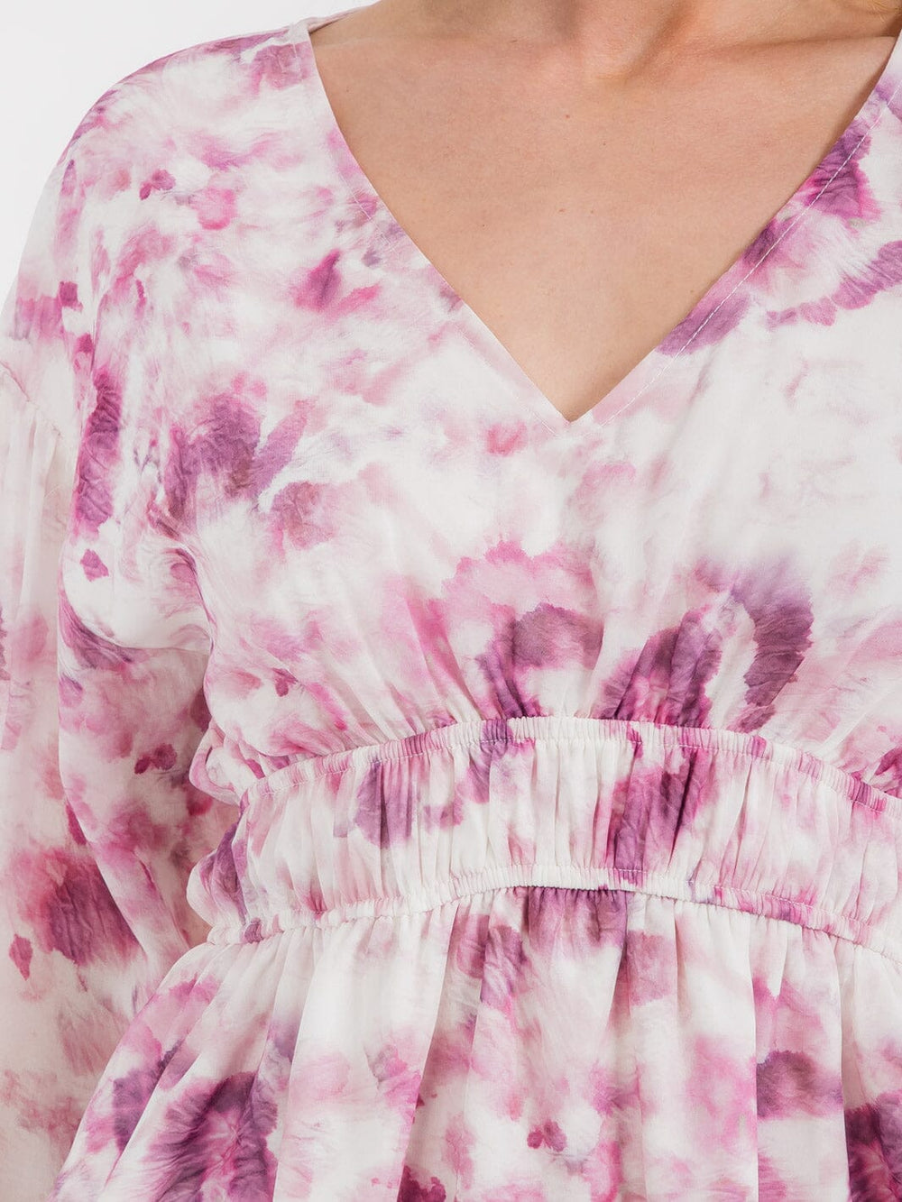 WOMEN'S LONG SLEEVE V-NECK PEPLUM TIE DYE BLOUSE