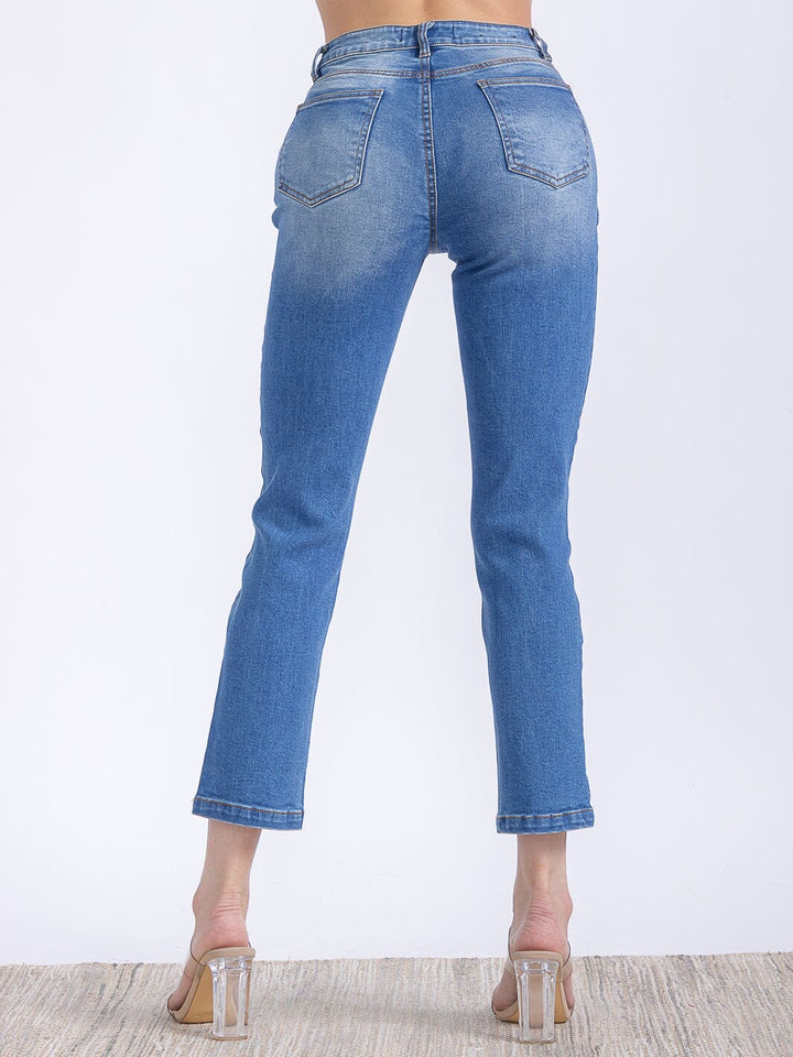 WOMEN'S BUTTON CLOSURE POCKETS WASHED HIGH STRETCH DENIM PANTS