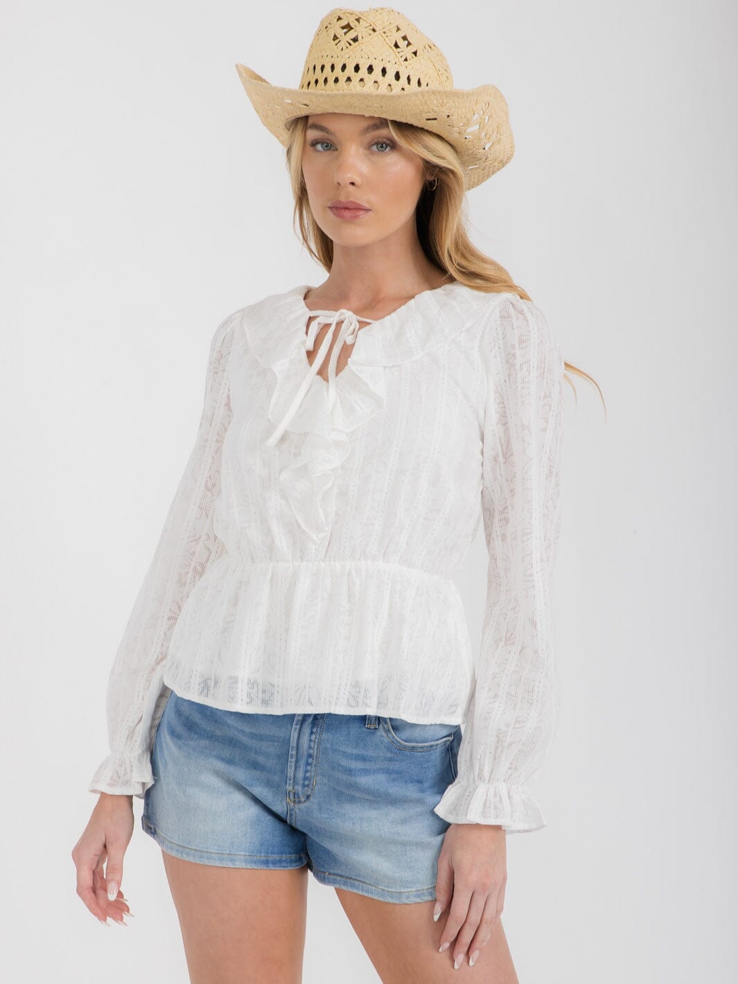 WOMEN'S LONG SLEEVE V-NECK RUFFLE PEPLUM BLOUSE