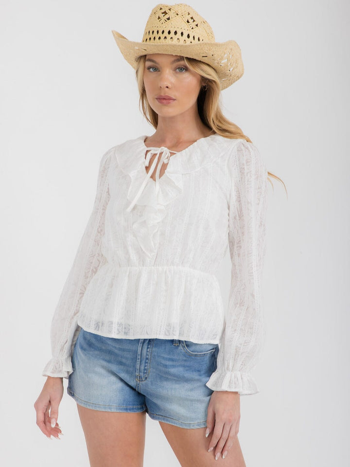 WOMEN'S LONG SLEEVE V-NECK RUFFLE PEPLUM BLOUSE