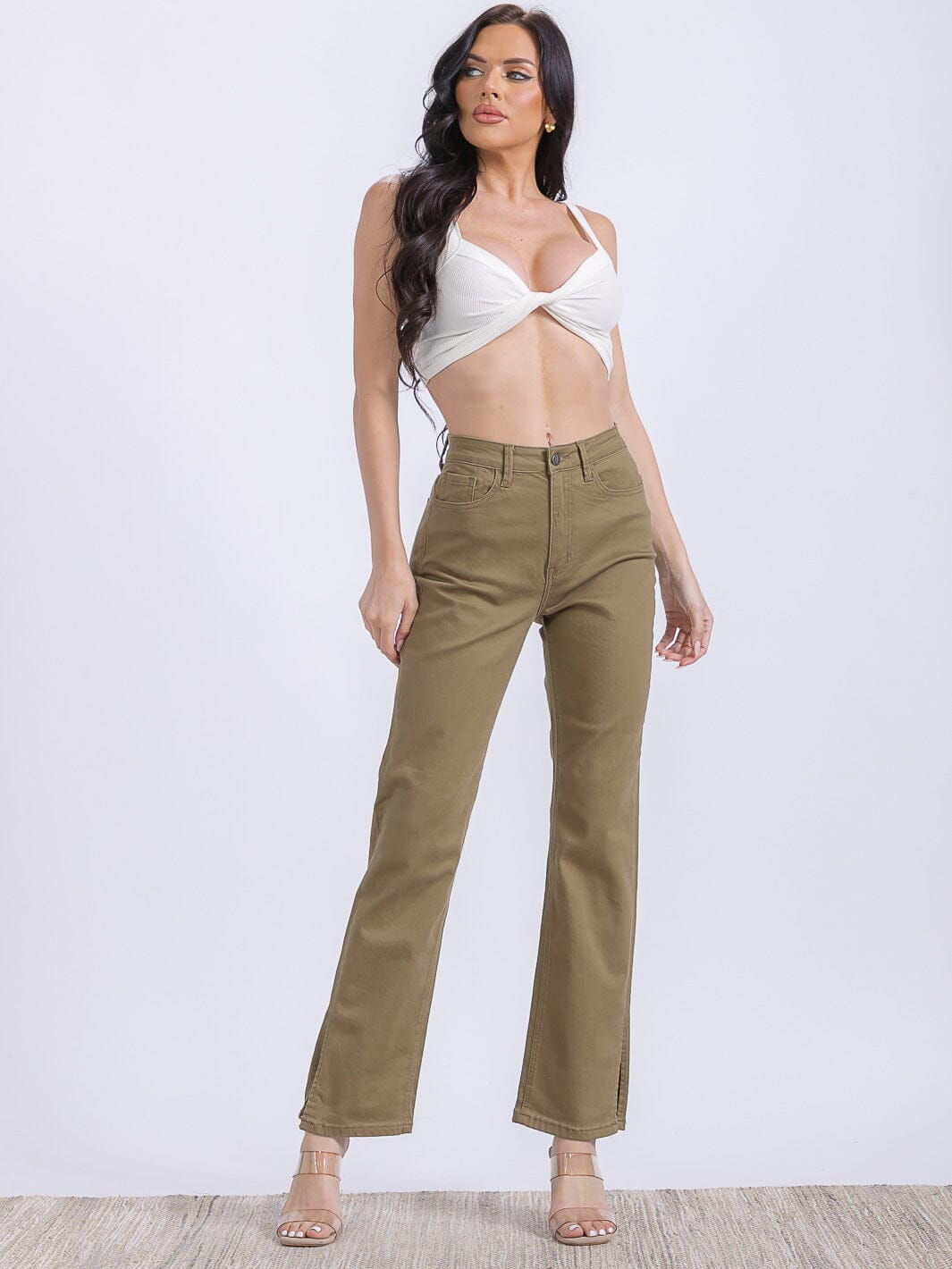 WOMEN'S BUTTON CLOSURE POCKETS WIDE LEG DENIM PANTS