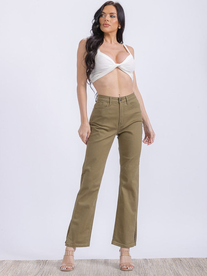 WOMEN'S BUTTON CLOSURE POCKETS WIDE LEG DENIM PANTS