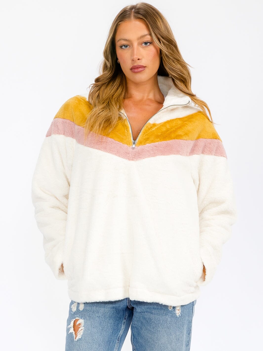 WOMEN'S LONG SLEEVE COLORBLOCK CHEVRON POCKETS PULLOVER SWEATER