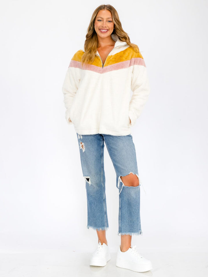 WOMEN'S LONG SLEEVE COLORBLOCK CHEVRON POCKETS PULLOVER SWEATER