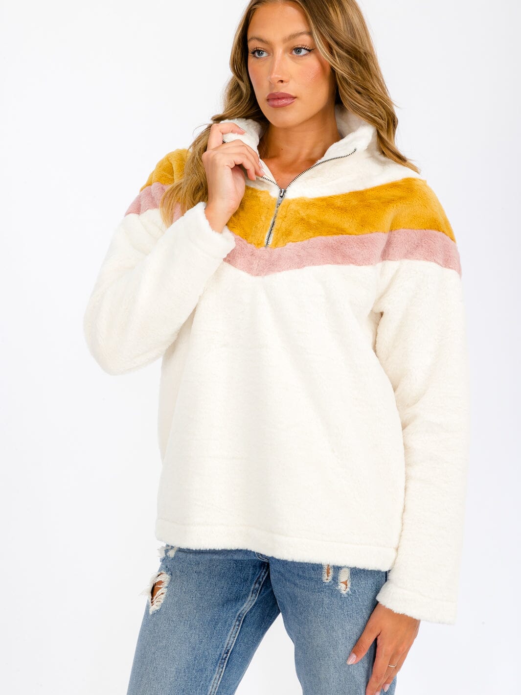 WOMEN'S LONG SLEEVE COLORBLOCK CHEVRON POCKETS PULLOVER SWEATER