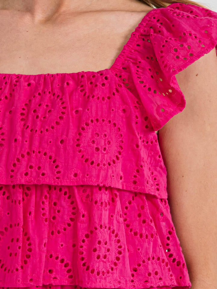 WOMEN'S SLEEVELESS TIERED EYELET RUFFLE DETAILED TANK TOP